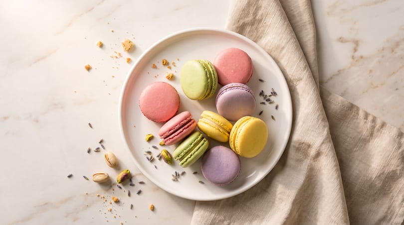 Colorful macarons in pink, green, yellow, and purple on a white plate with lavender and pistachios.
