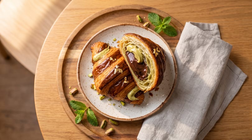Chocolate and pistachio croissant, cut in half, on a plate with mint and pistachios.