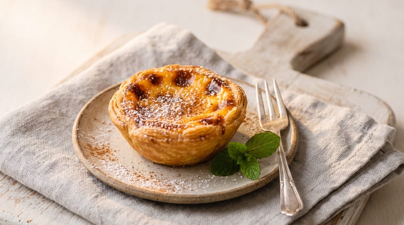 A pastel de nata tart, dusted with powdered sugar and cinnamon, on a plate with a fork and mint.