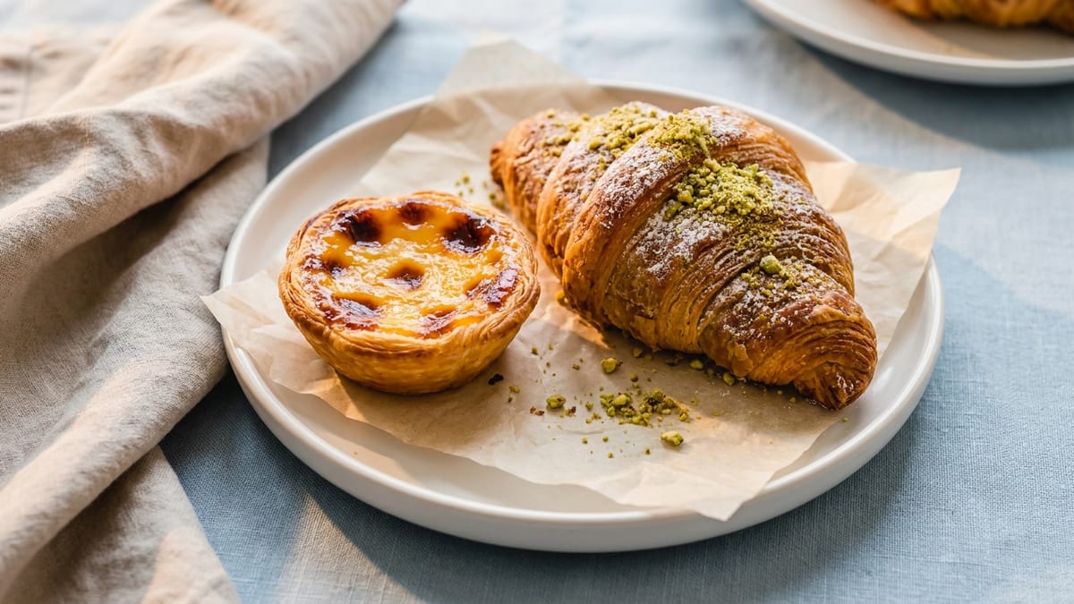 Portuguese egg tart and pistachio croissant