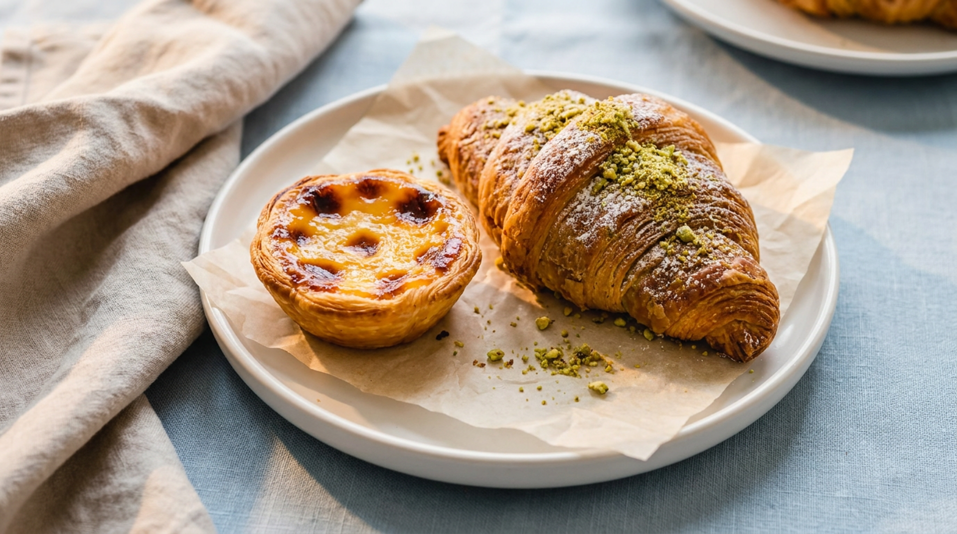 Portuguese egg tart and pistachio croissant