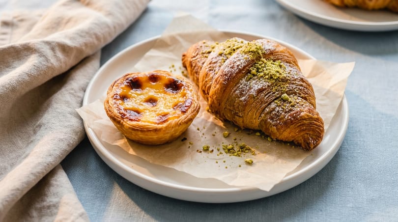 A pastel de nata and two croissants with powdered sugar and pistachio crumbles on a white plate.