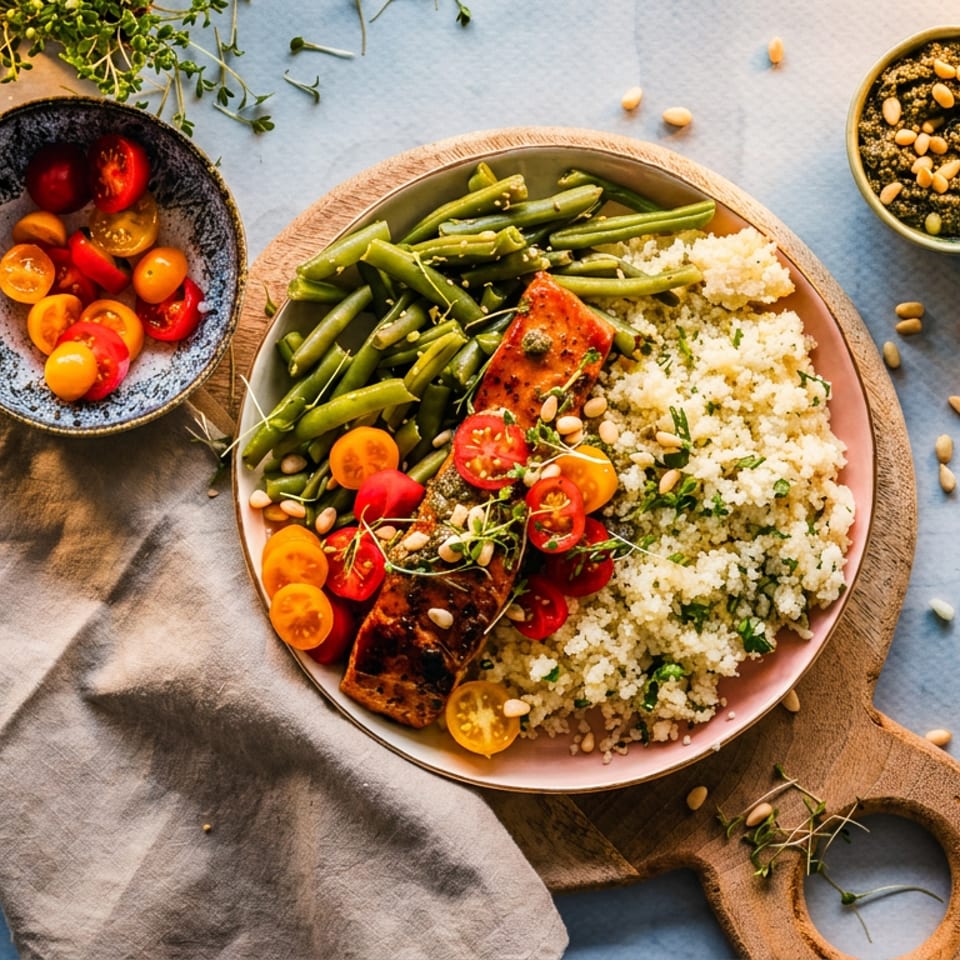 Salmon with green beans, couscous, cherry tomatoes, and pesto on a wooden board.