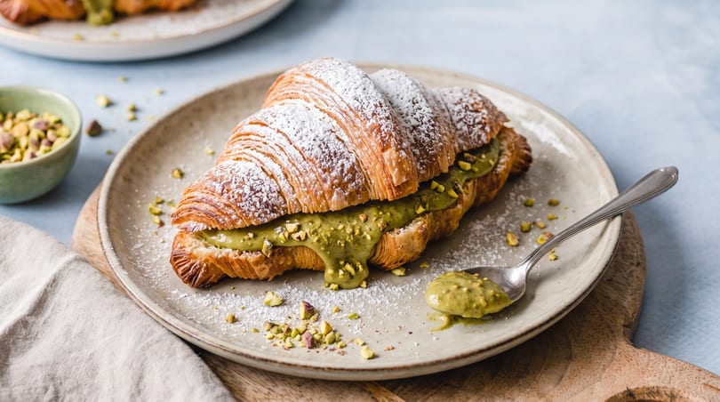 Croissant filled with pistachio cream and topped with powdered sugar and chopped pistachios on a plate.