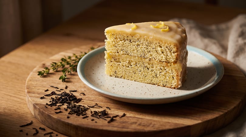 Slice of lemon poppy seed cake with glaze and lemon zest on a plate with tea leaves.