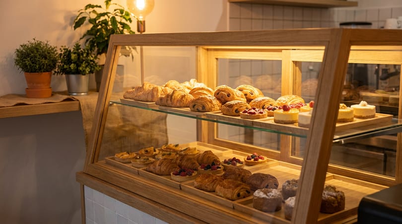 A bakery display case filled with croissants, pastries, and small tarts, illuminated by warm lighting.